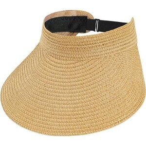 Khaki Straw Wide Brim Sun Visor – Roll-Up Adjustable Visor Hat for Women Beach